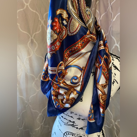 Large Vintage Square Silky Scarf w/ Blue, Pink & Gold Designs - Picture 2 of 7